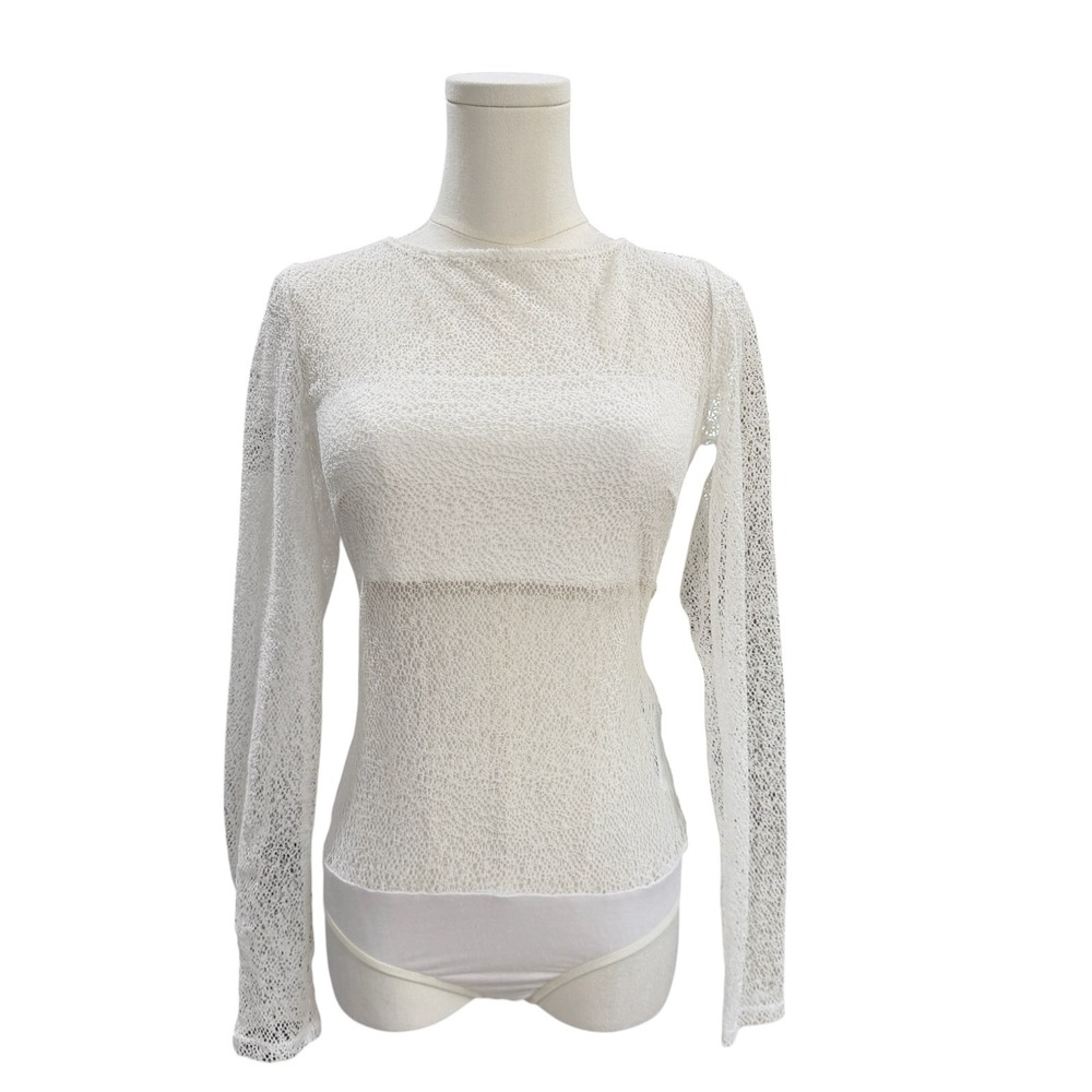 Bebe White Lace Sheer Mesh Bodysuit Long Sleeve Y2K Coquette Fairy Festival SZ S - Picture 4 of 8